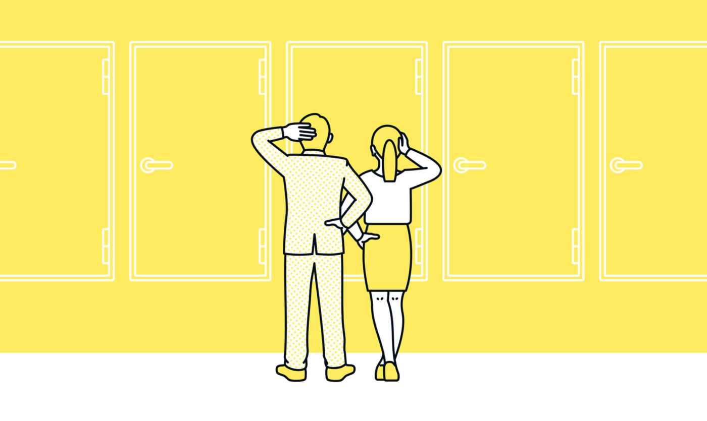 ホームページ制作会社の選び方_たくさんの扉の前で迷っている男女のイラスト