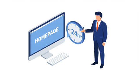 HOMEPAGE」と表示されたパソコン画面と、24時間を示す時計アイコンを指し示すスーツ姿の男性のイラスト