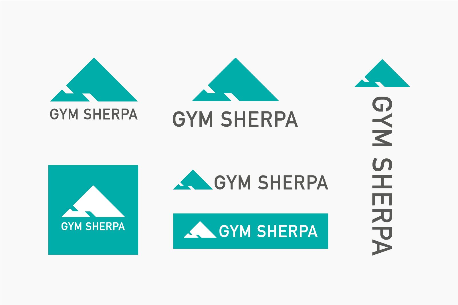 GYM SHERPAのロゴと文字を様々なレイアウトと配色で展開したバリエーション集