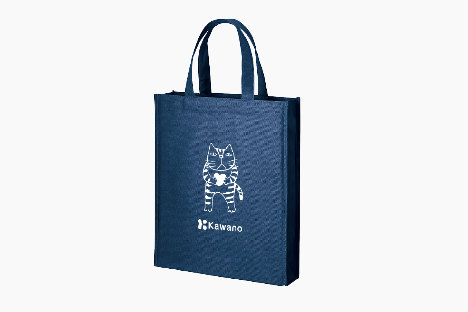 猫のイラストとKawanoロゴが印刷されたネイビーのトートバッグ