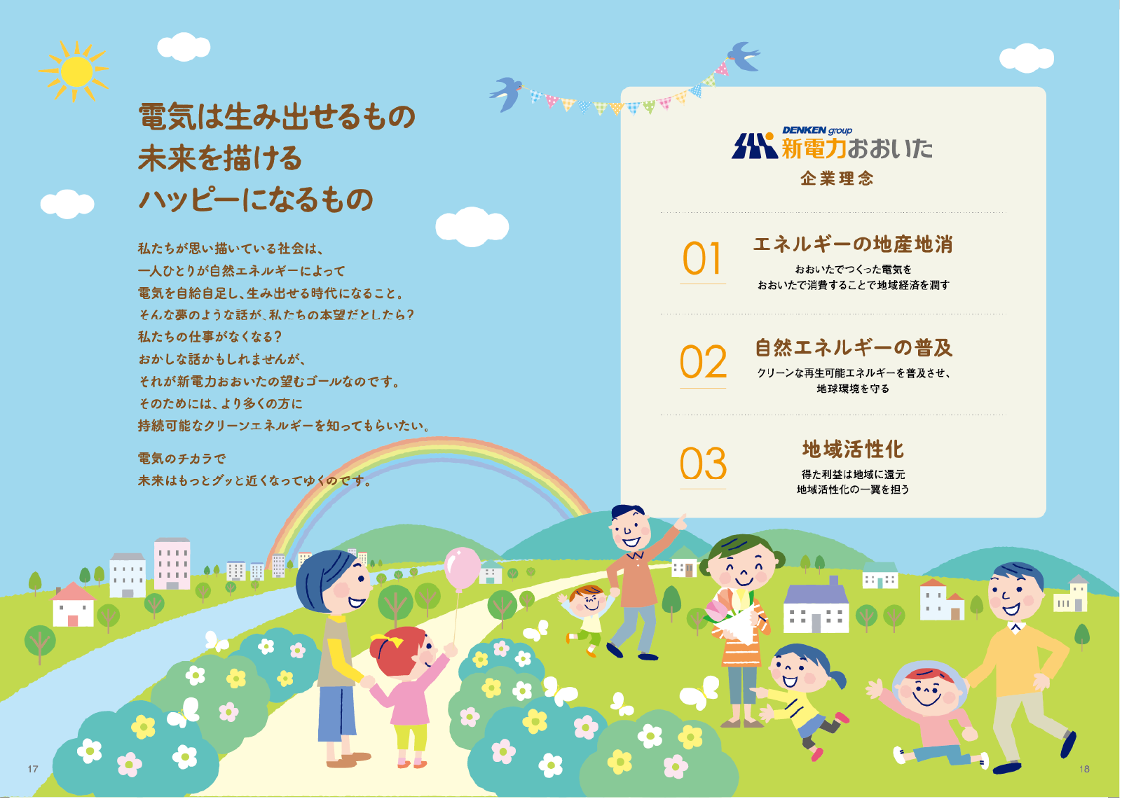 「新電力おおいた」の理念と3つの柱（地産地消、自然エネルギーの普及、地域活性化）を紹介するイラスト