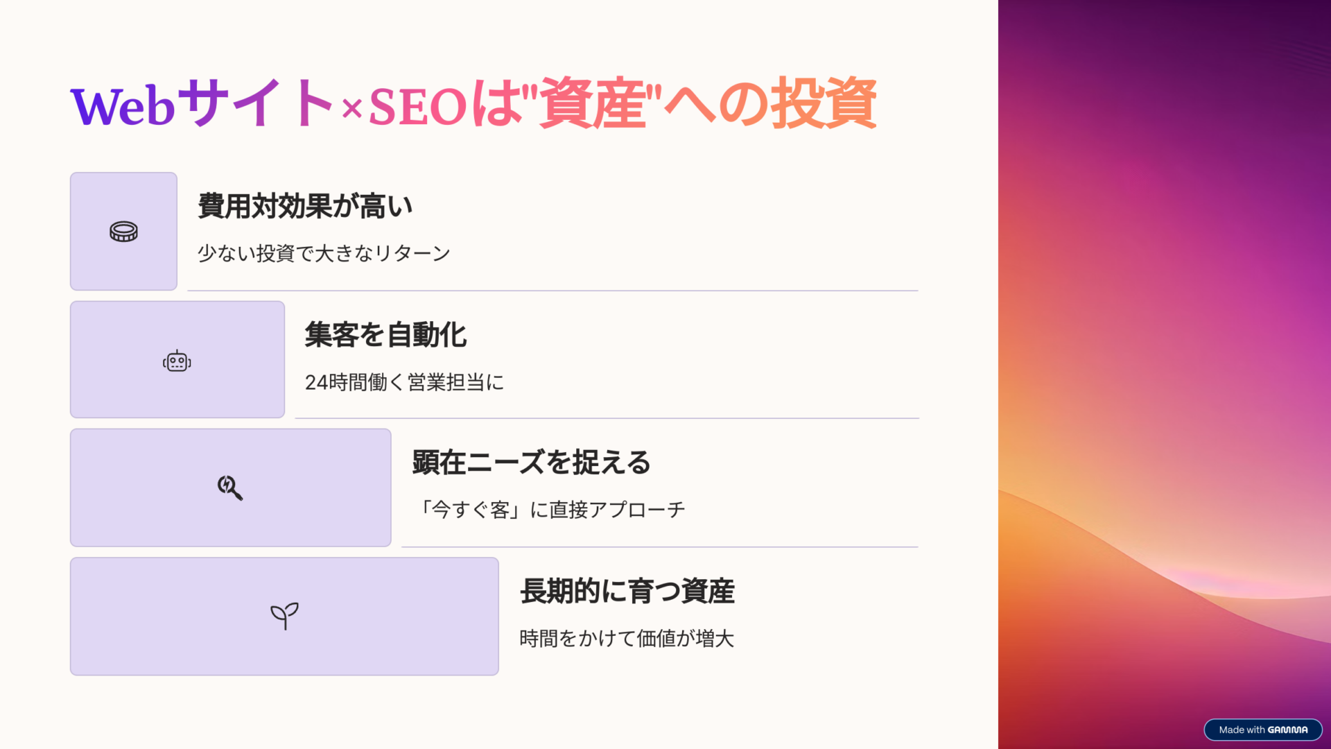 「Webサイト×SEOは資産への投資」と題したスライド、費用対効果や集客自動化など4つのメリットを説明