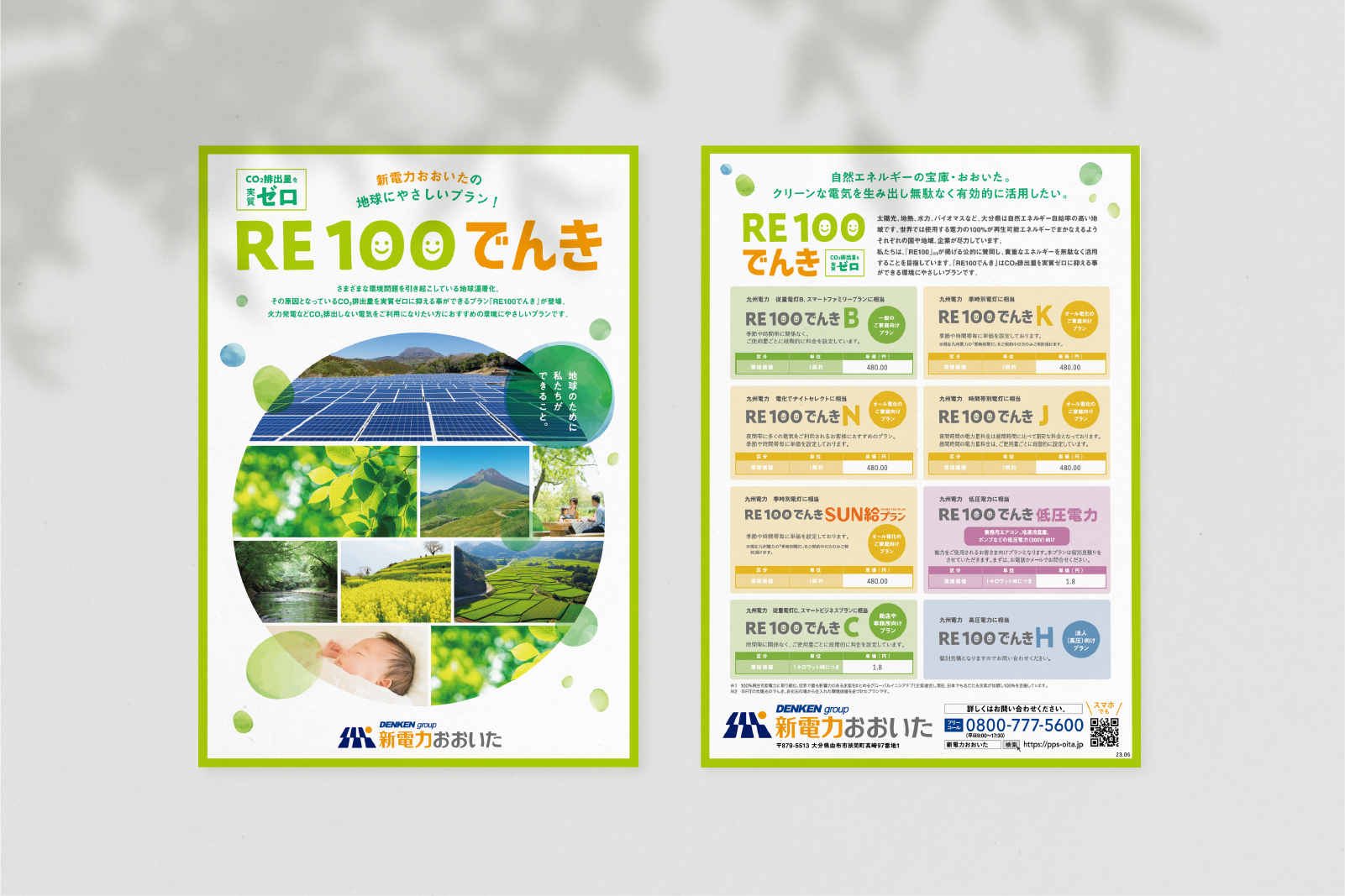 新電力おおいたの「RE100でんき」プラン紹介チラシ、太陽光パネルや自然風景の写真入り