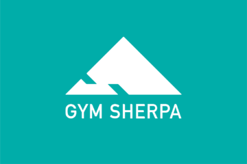 白地で描かれた山型ロゴとGYM SHERPAの文字が並ぶ緑背景のブランドデザイン