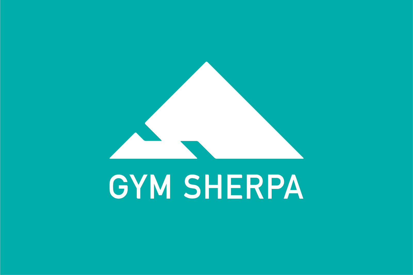 白地で描かれた山型ロゴとGYM SHERPAの文字が並ぶ緑背景のブランドデザイン