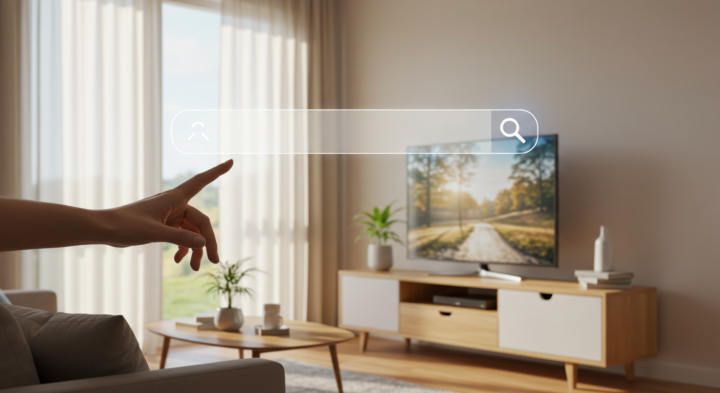リビングのスマートテレビに向かって検索インターフェースを操作する手のアップ