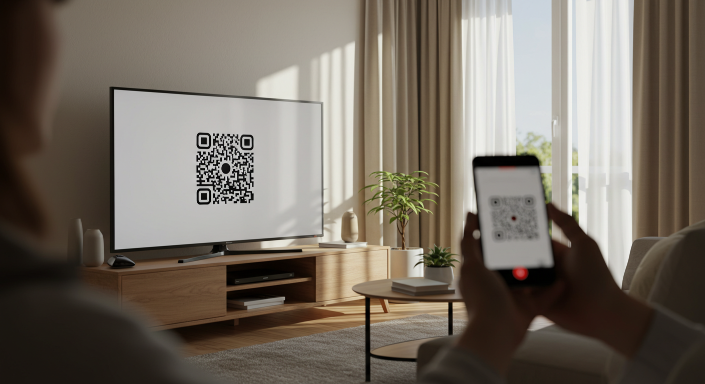 テレビ画面に表示されたQRコードをスマートフォンで読み取る様子