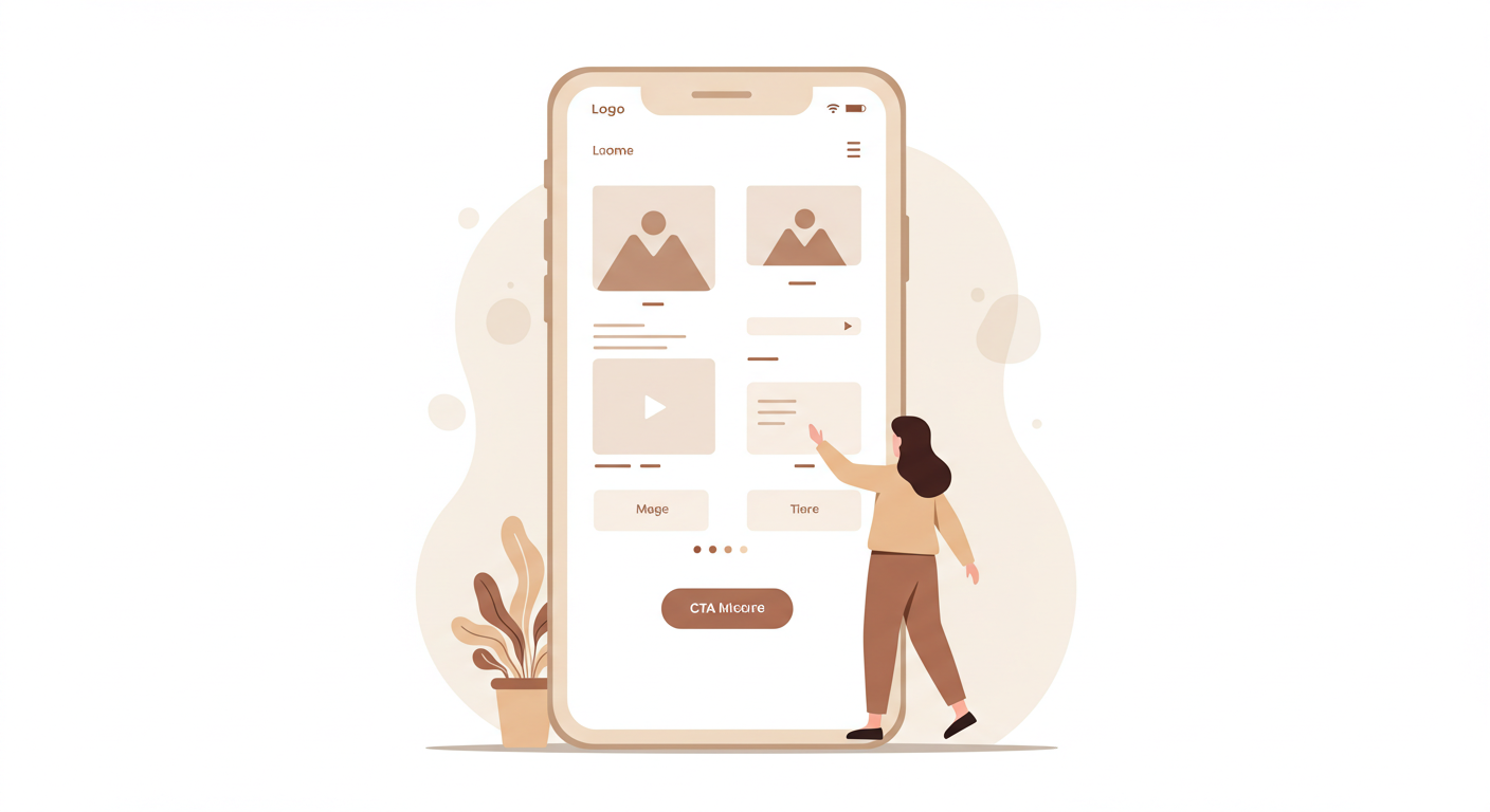 スマートフォン画面のUIを指差す女性のイラストとアプリデザインのモックアップ