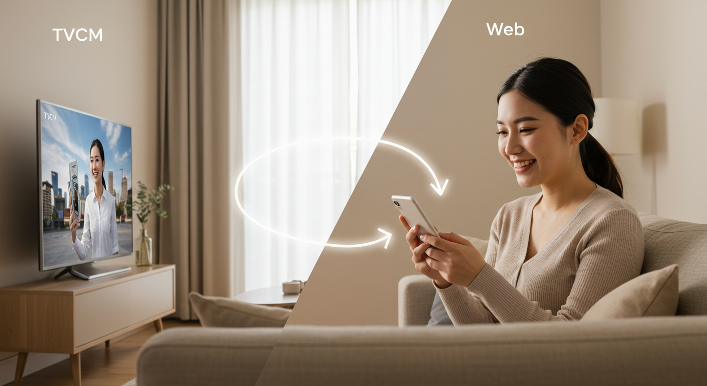 テレビCMを見ながらスマートフォンを操作する女性、TVCMとWebの相互連携を示す矢印付き構成