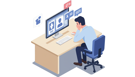 SNSの反応数を示す通知を見ながら、机にうつむいて疲れた様子の男性のイラスト