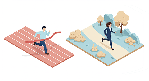 トラックでゴールする短距離走の男性と、自然の中を走る長距離ランナーの女性のイラスト