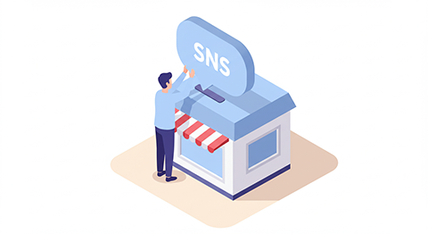 小さな店舗の屋根に「SNS」の看板を取り付ける男性のイラスト