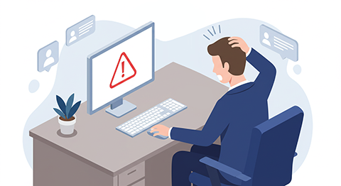 警告マークが表示されたモニターを見て驚くスーツ姿の男性のイラスト