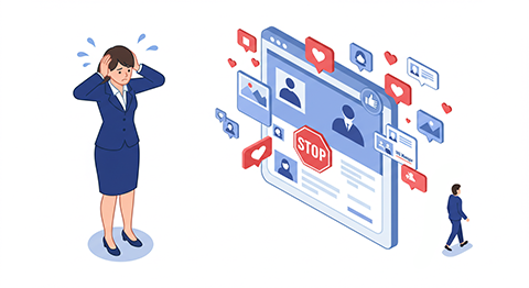 頭を抱えるスーツ姿の女性と、SNS画面に「STOP」の表示が出ている様子を背景に、画面から立ち去る人物のイラスト