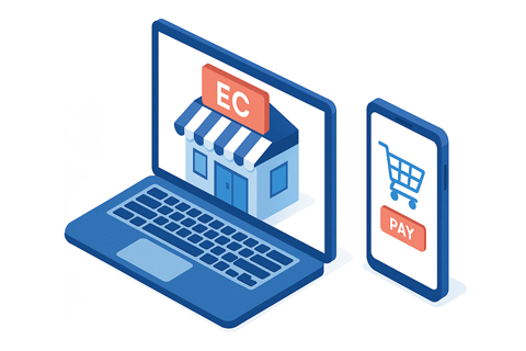 ノートパソコンに表示されたEC店舗と、スマートフォンにカートと決済ボタンが表示されたイラスト