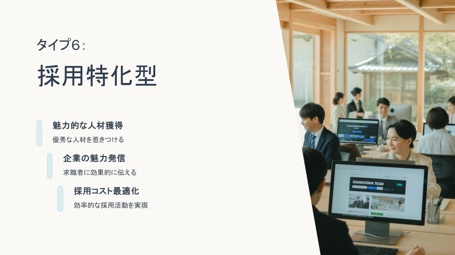 採用ページを表示したPC画面を囲み、明るいオフィスで働くスーツ姿の若手社員たち。「採用特化型」Webサイトのイメージ