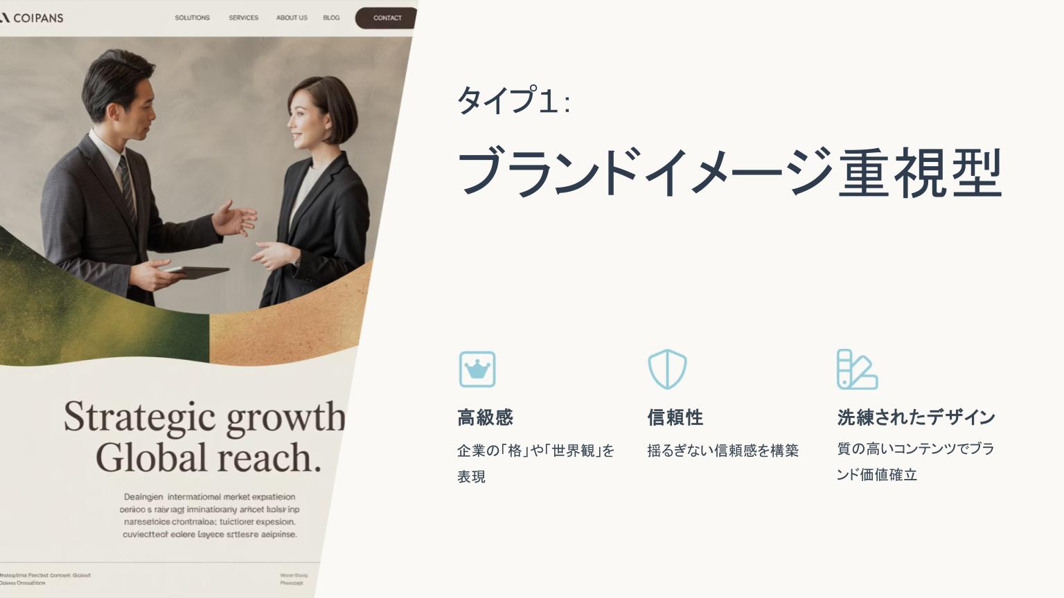 スーツ姿の男女がタブレットを使いながら商談する様子と、「ブランドイメージ重視型」Webサイトの特徴を示す説明画面