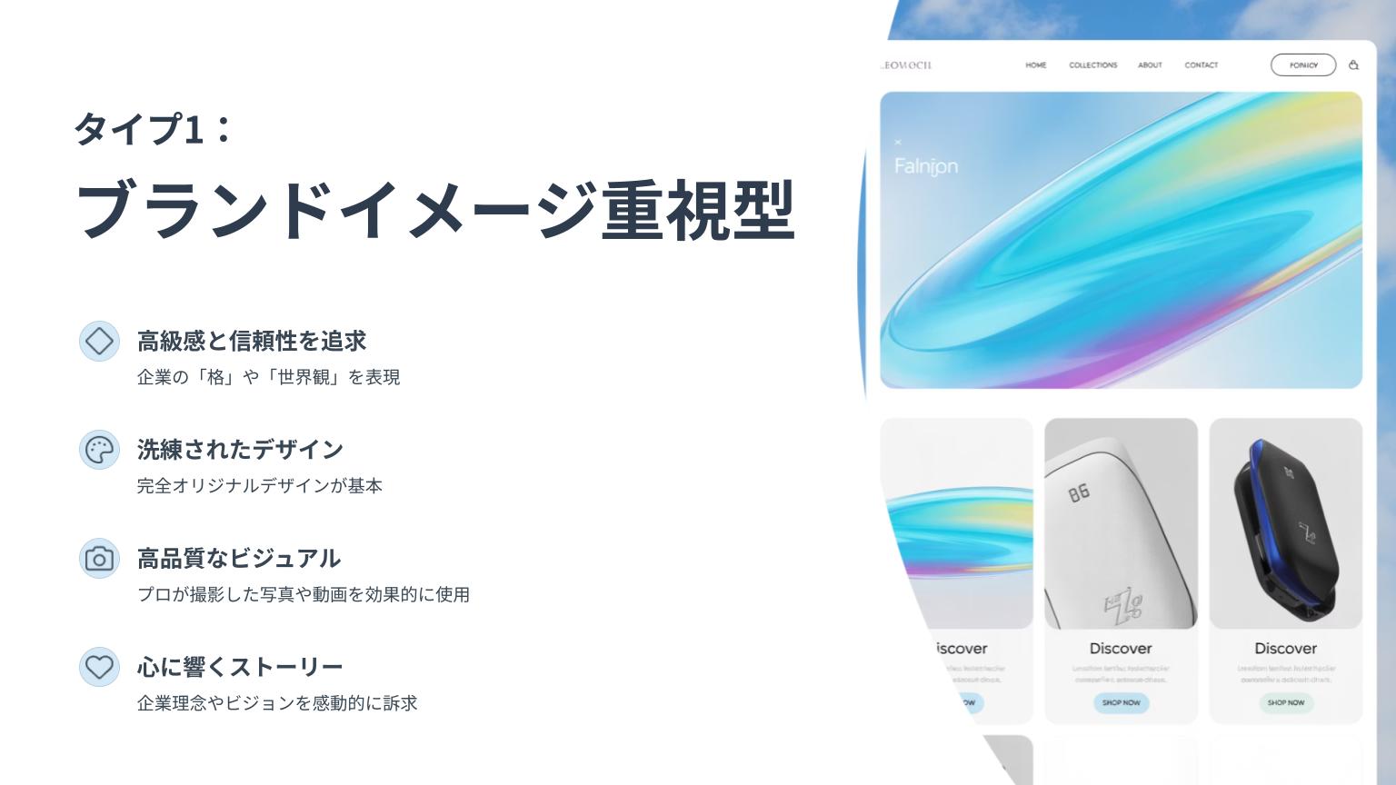 タイプ1「ブランドイメージ重視型」の紹介スライド。高級感・信頼性・オリジナルデザイン・高品質ビジュアル・感動的なストーリー訴求の特徴が箇条書きで示され、右側には洗練された製品デザインのWebサイト例が表示されている。