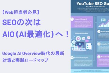 「SEOの次はAIO（AI最適化）へ！」という見出しと、YouTube SEOに関する英語のインフォグラフィックが並ぶプロモーションバナー