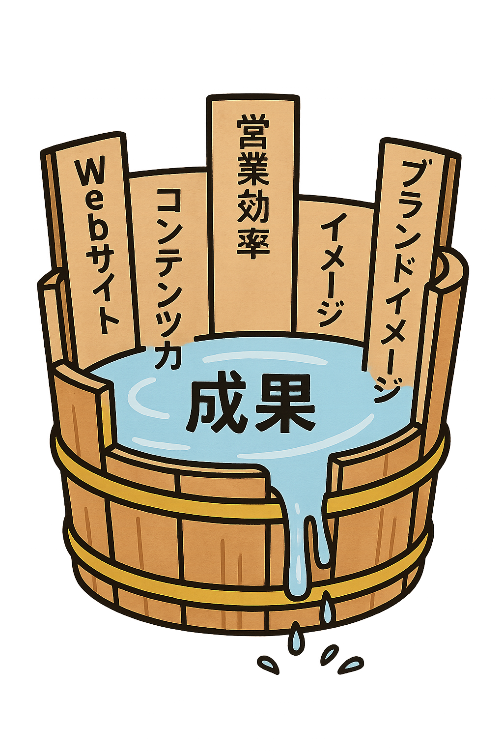 Webサイト、コンテンツ力、営業効率、ブランドイメージなどの要素を板に見立てた木桶のイラストで、真ん中に「成果」の水が溜まり、短い板から水が漏れている様子
