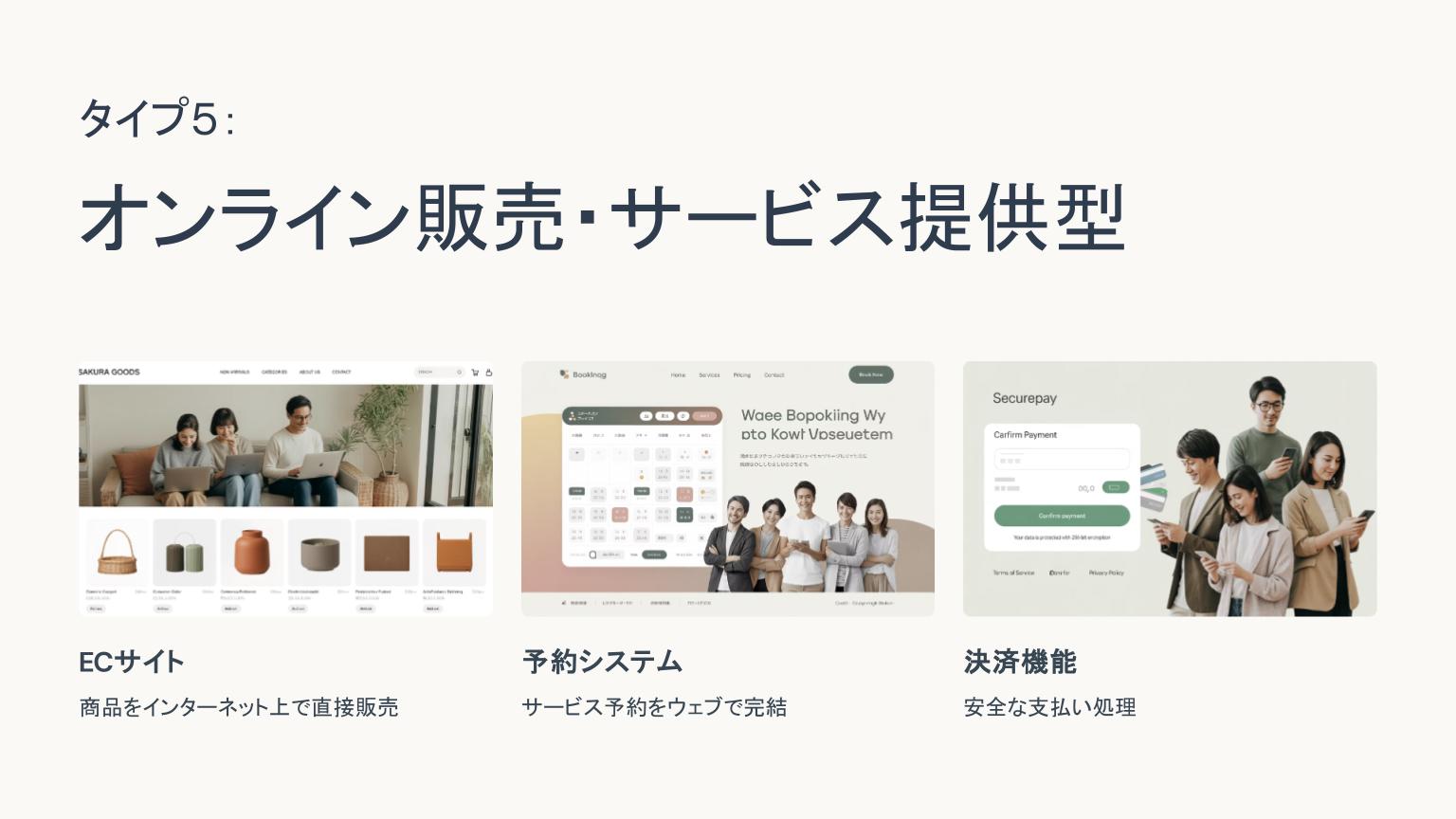ECサイト、予約システム、決済機能の3つの画面例と利用シーンを紹介する「オンライン販売・サービス提供型」Webサイトの構成