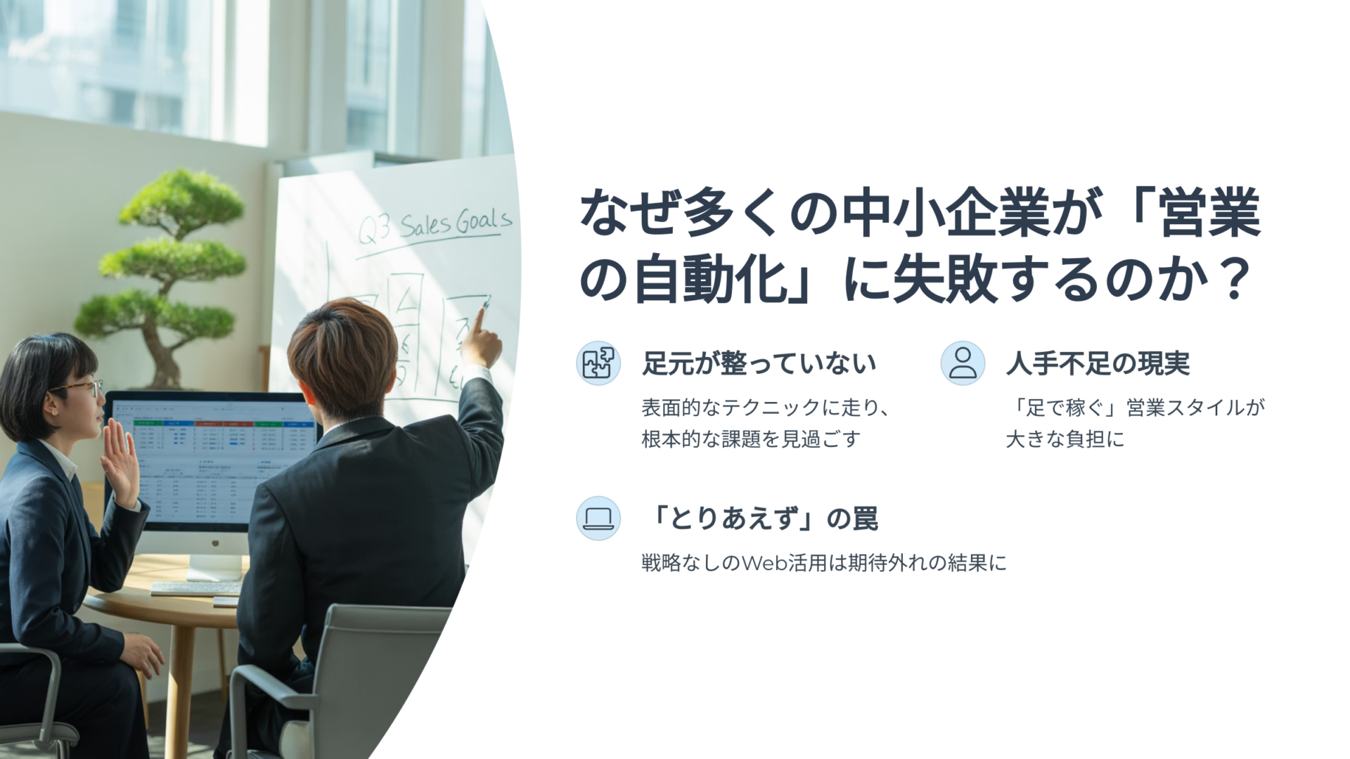 ホワイトボードで営業目標を指し示しながら議論するスーツ姿のビジネスパーソンと、「なぜ多くの中小企業が『営業の自動化』に失敗するのか？」という見出しとその理由を説明するテキスト
