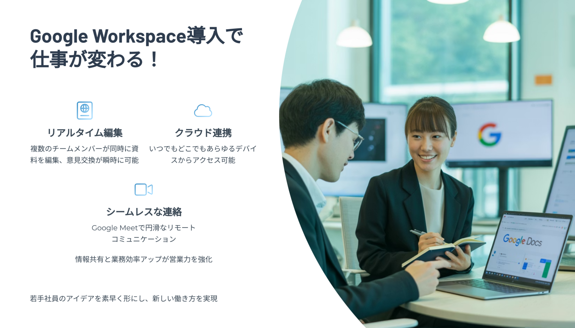 Google Workspaceを活用してリアルタイム編集について話し合うビジネスパーソンの男女