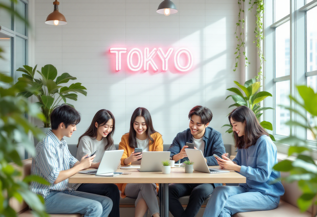 「TOKYO」のネオンサインが輝くカフェ風の空間で、ノートパソコンやスマートフォンを使って作業・交流をする若者5人グループ