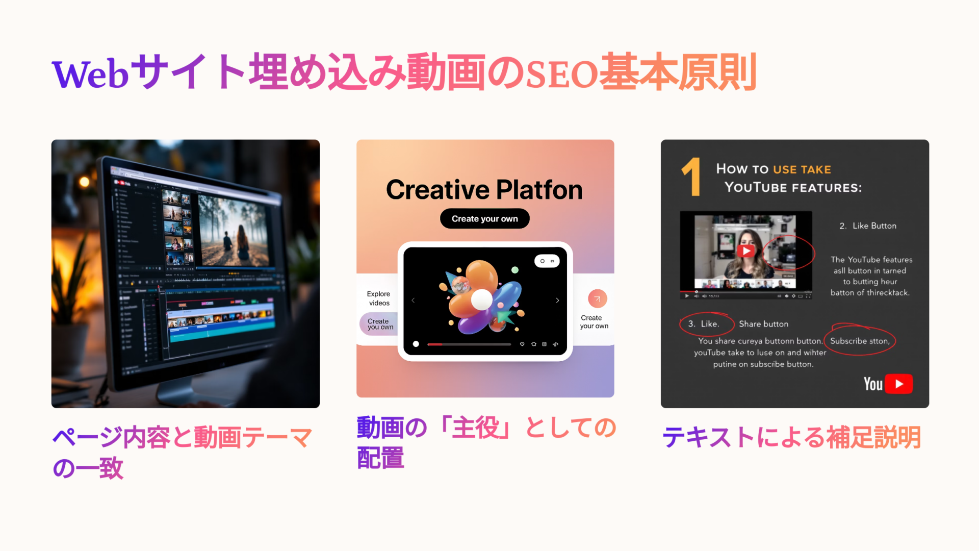 Webサイトに埋め込む動画のSEO対策として、動画とページ内容の一致・主役配置・補足説明の3原則を図解したスライド