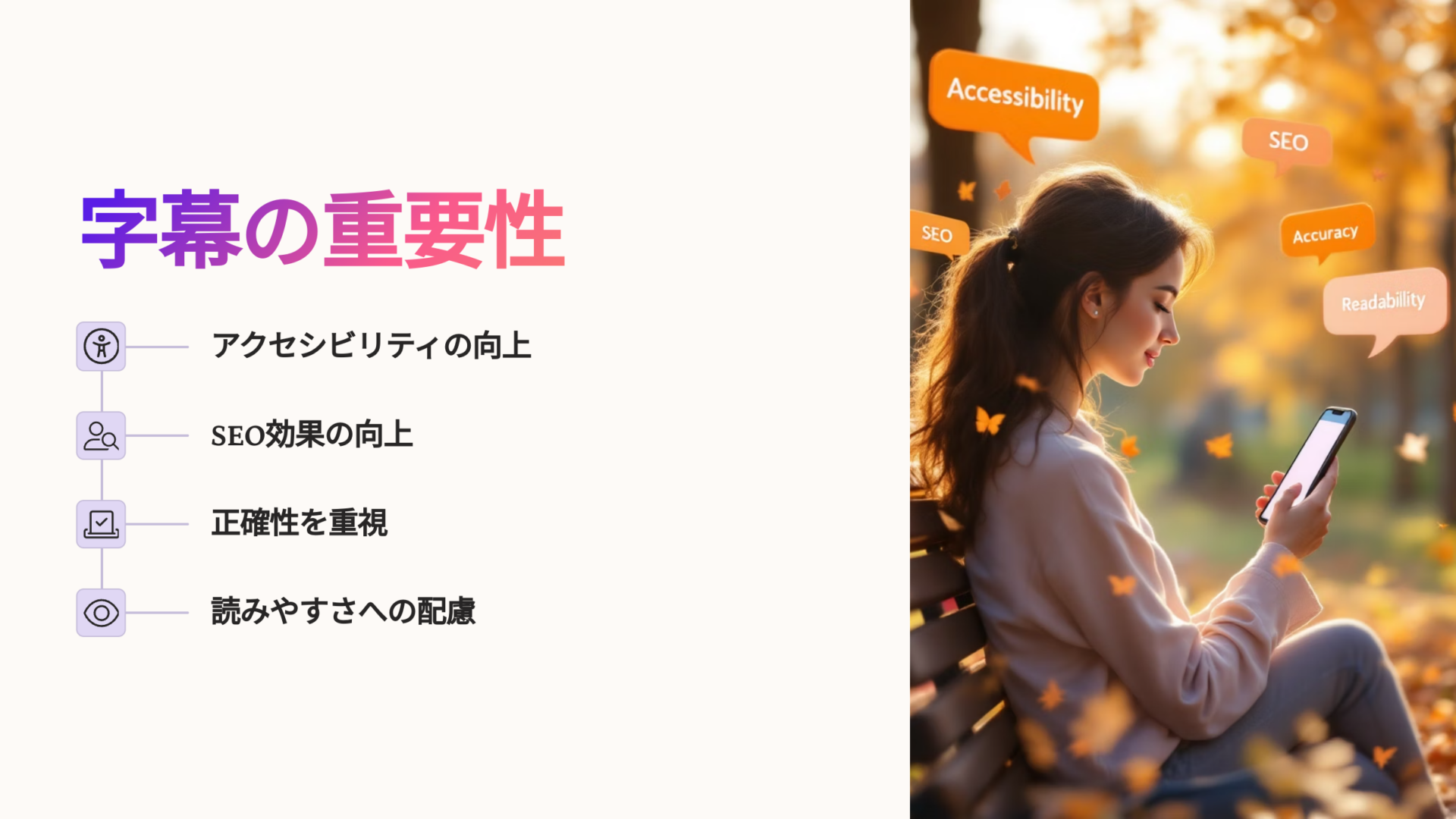 スマートフォンを操作する女性と、アクセシビリティやSEOなど字幕の重要性を示すキーワードが浮かぶビジュアル