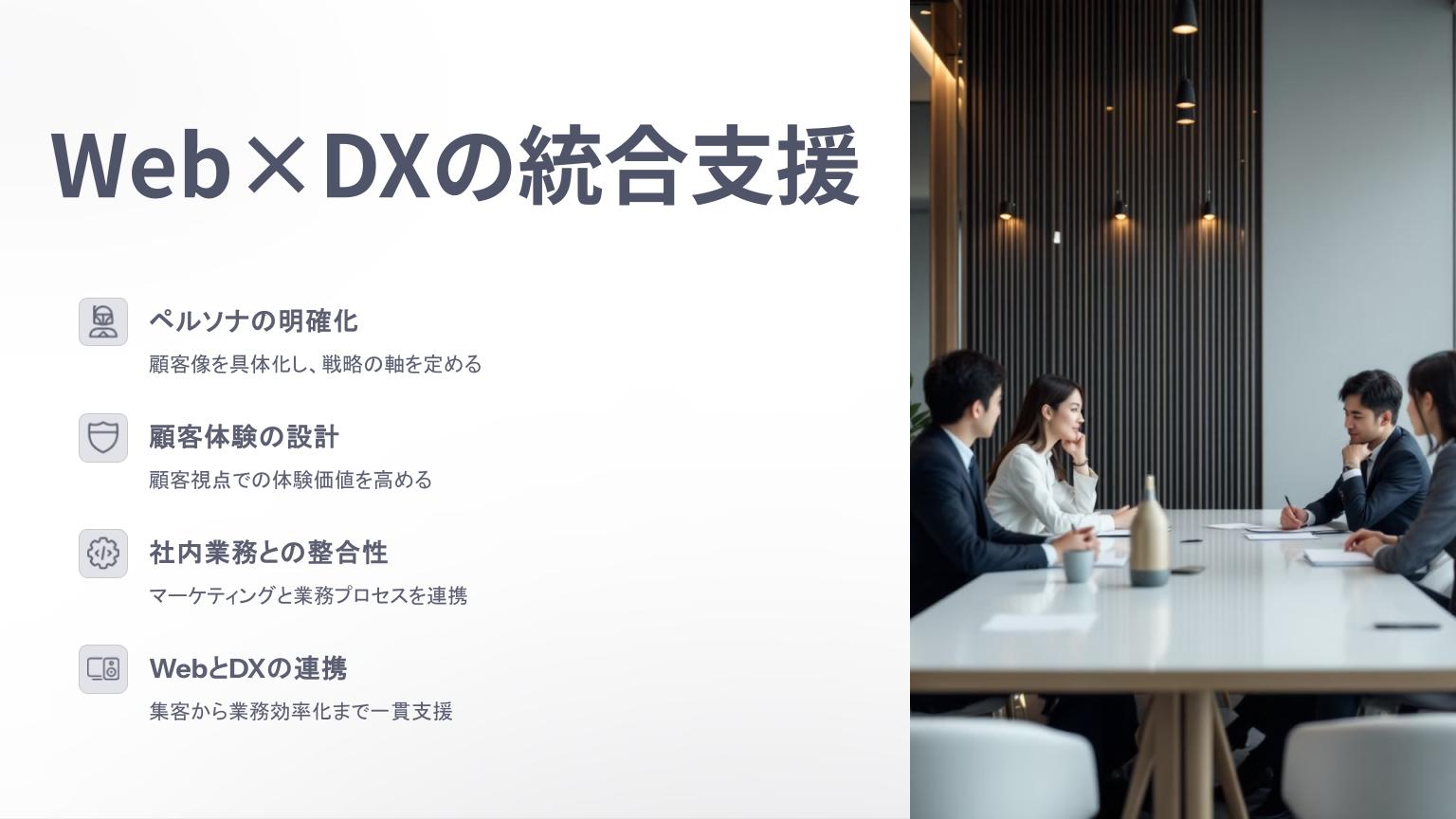 会議室でWebマーケティングとDX統合支援について話し合うビジネスパーソンと、ペルソナ設計や業務連携の重要性を示す説明スライド