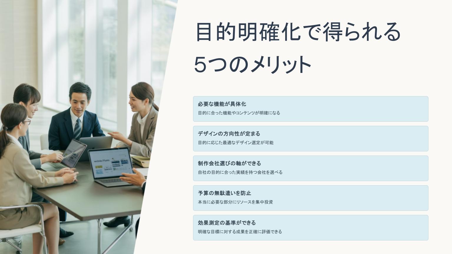 ノートパソコンを見ながらホームページ制作の方向性を議論する5人のビジネスパーソン。目的明確化によるメリットを話し合う様子