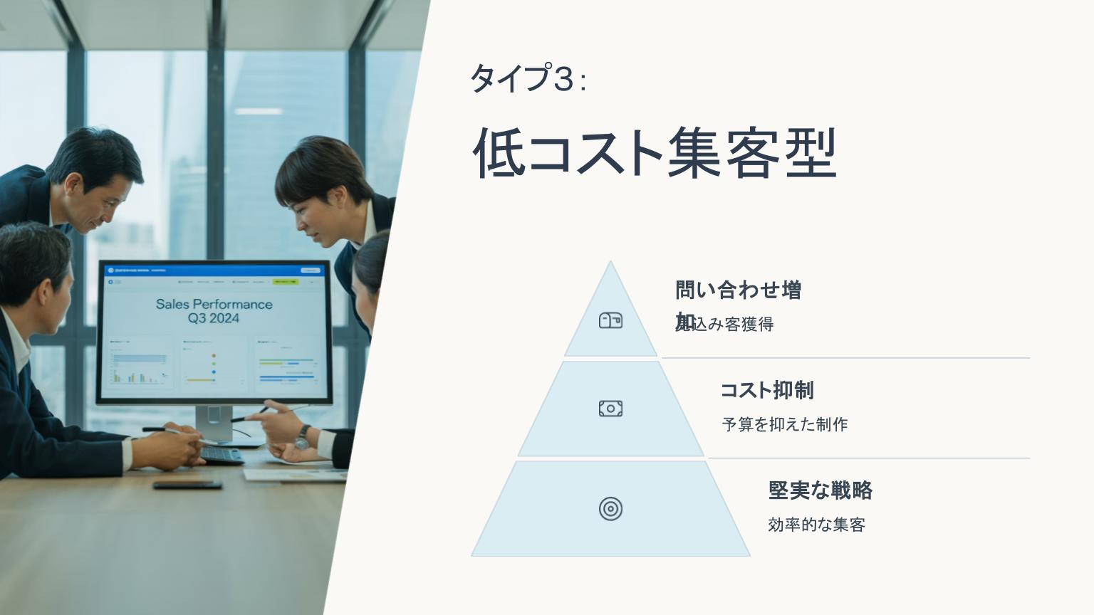 モニターの営業レポートを囲んで打ち合わせをする4人のビジネスパーソンと、「低コスト集客型」Webサイトの説明図