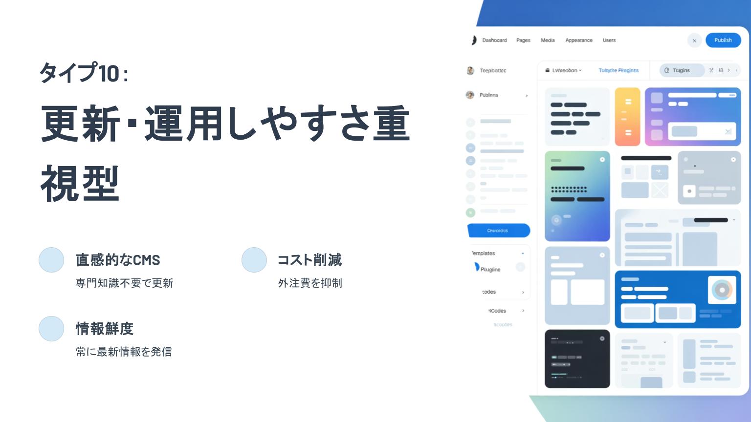 タイプ10「更新・運用しやすさ重視型」の紹介スライド。直感的に操作できるCMSによる情報更新、コスト削減、情報の鮮度維持の利点を示し、右側にはカラフルなUIブロックが並ぶCMSの管理画面風デザインが表示されている。