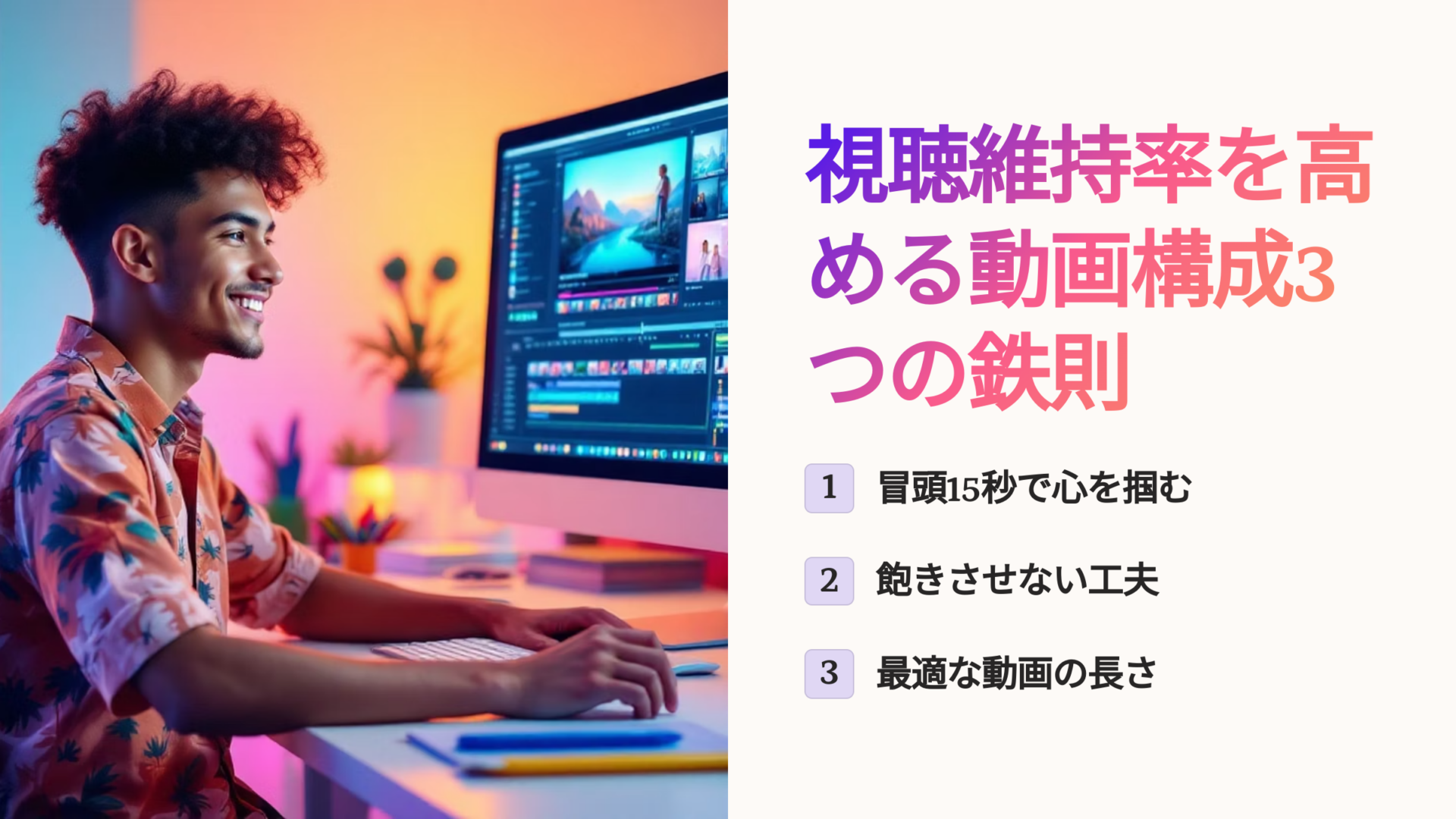 動画編集ソフトを操作する若い男性と「視聴維持率を高める動画構成3つの鉄則」を解説するスライド