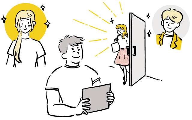 書籍の挿入イラスト｜タブレットを持つ男性が、扉から現れた明るい表情の女性を見つめる場面と、その女性や別の人物のイメージが背景に描かれた採用・面接シーンのイラスト