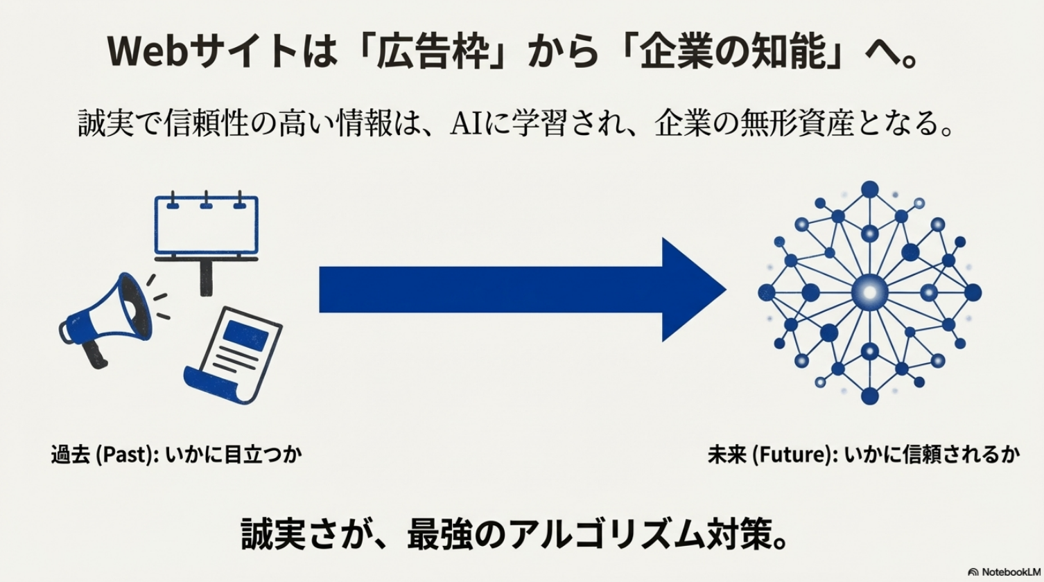 メガホンやチラシを使った過去の広告型Webサイトと、信頼性の高い情報がAIに学習され資産化される未来のWebサイトを対比し、誠実な情報発信の重要性を示す図解。