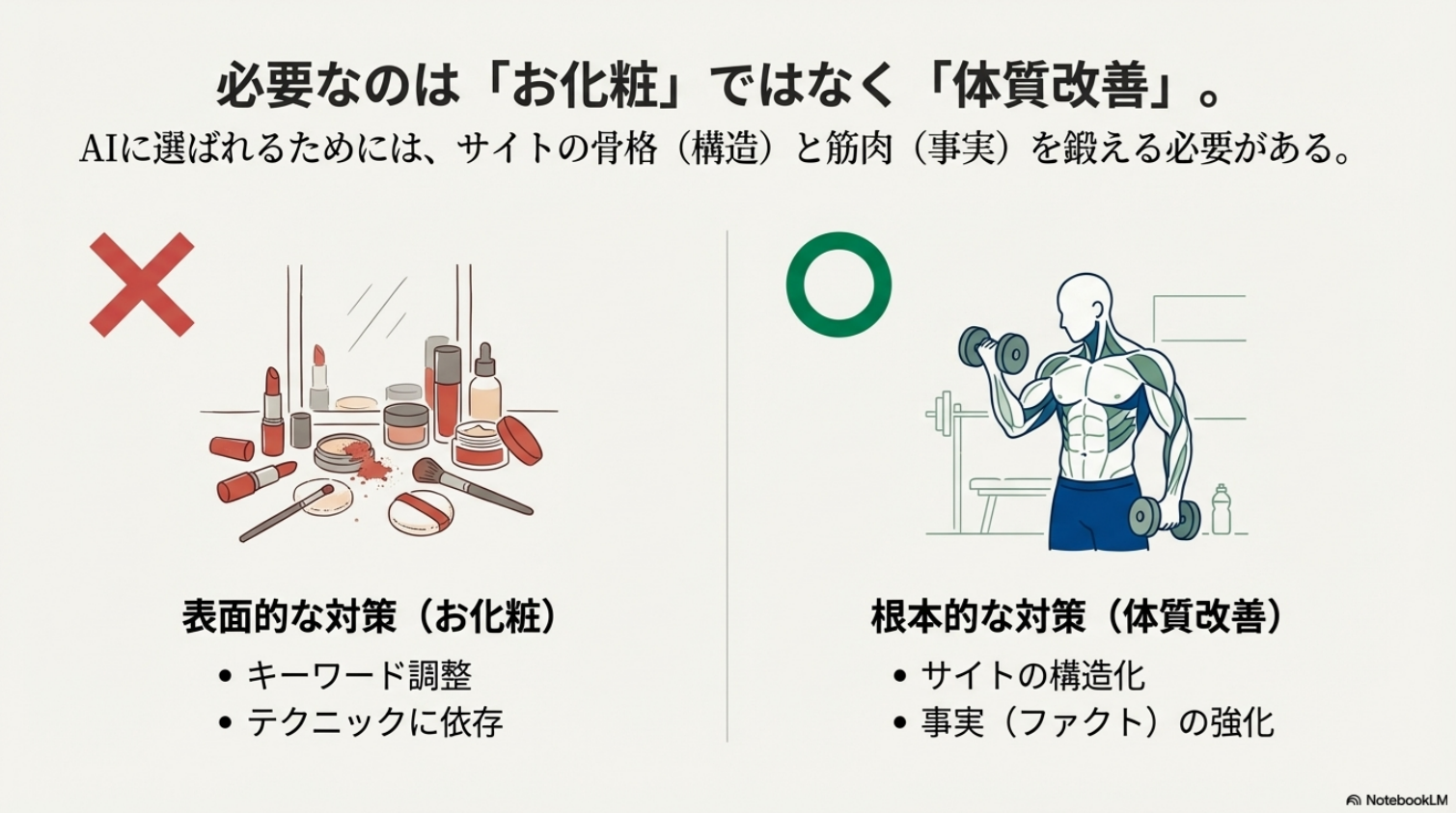 メイク道具と筋トレする男性の対比で、表面的なSEOテクニック(お化粧)よりも、構造と事実に基づいた根本的なサイト改善(体質改善)が重要であることを示す図解。