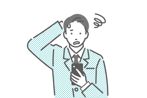 スマートフォンを見て困惑するスーツ姿の男性のイラスト。スマホ未対応サイトによるユーザー離脱を象徴