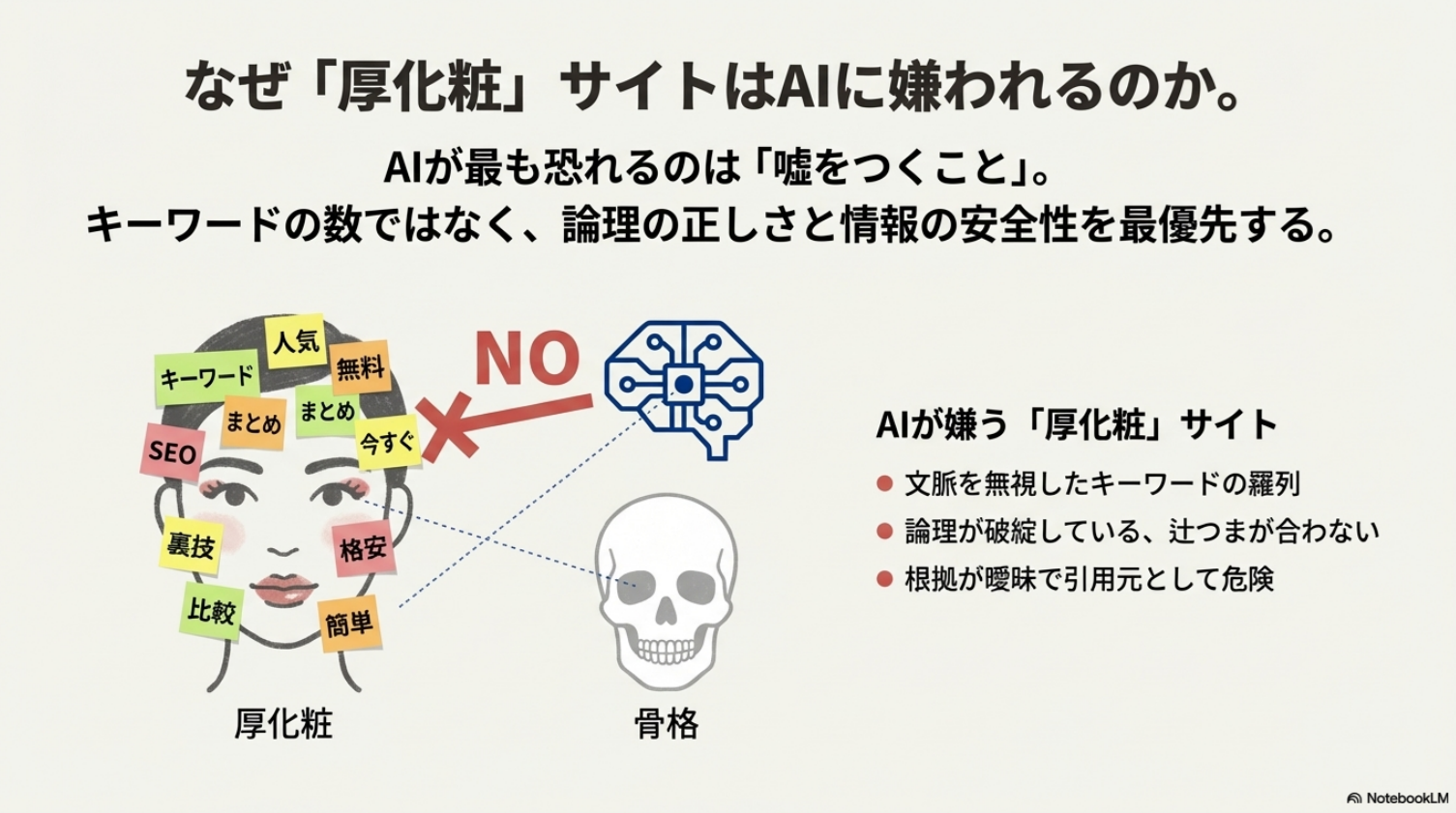 キーワードを貼り付けた顔(厚化粧)と骨格のイラストを用いて、文脈無視のキーワード詰め込みがAIに嫌われる理由を視覚的に示した図解。