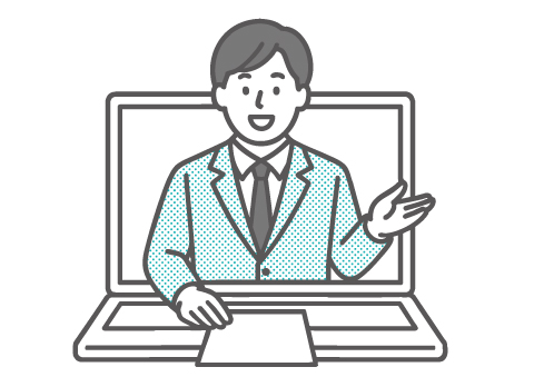 ノートパソコンの画面から現れたスーツ姿の男性が笑顔で説明するイラスト。ホームページを営業マンに見立てた概念を表現