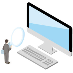 パソコンの前で虫眼鏡を持ち、Webサイトを精査するスーツ姿の人物のイラスト。企業調査におけるサイト確認の重要性を示唆