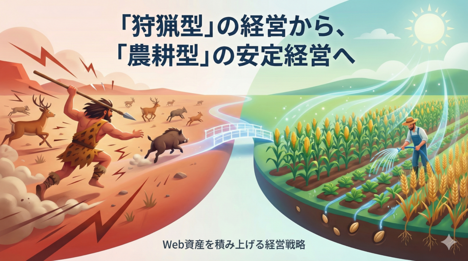 チラシ依存の狩猟型経営から、Web資産を育てる農耕型経営へのシフトを示すイラスト