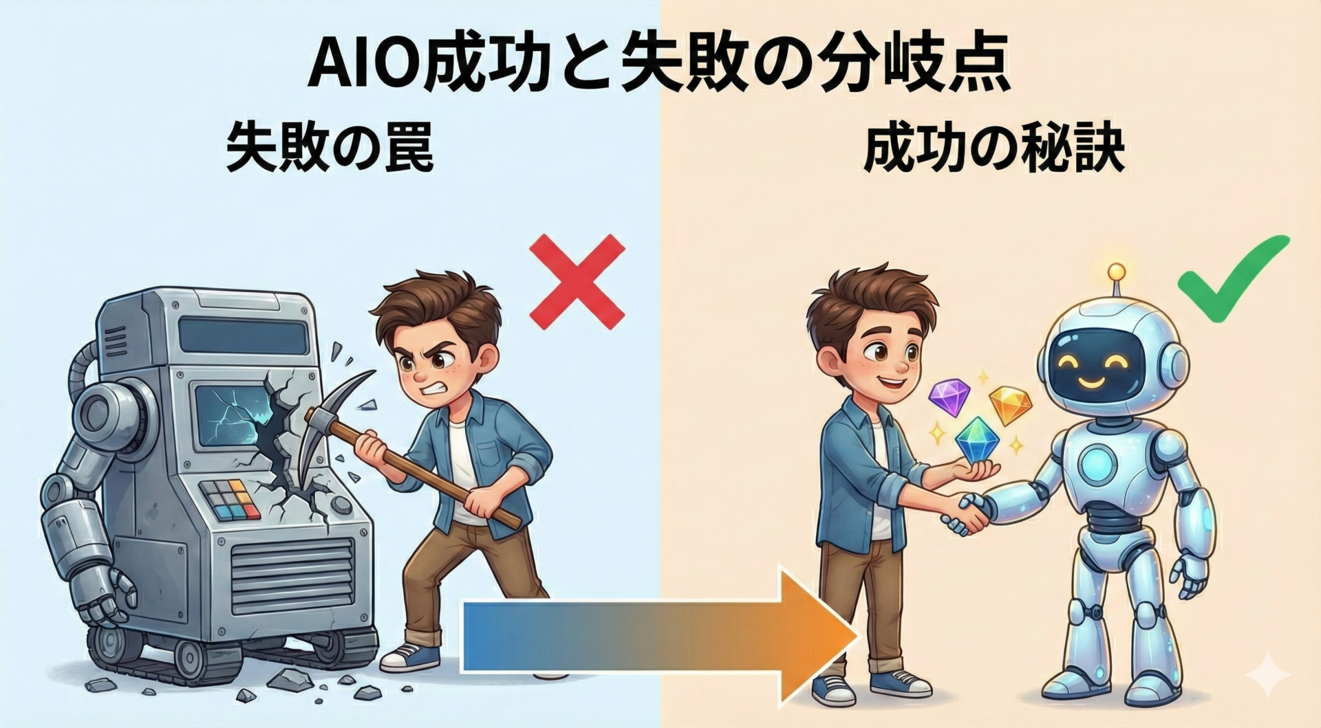 AIOで失敗する人と成功する人の対比イラスト