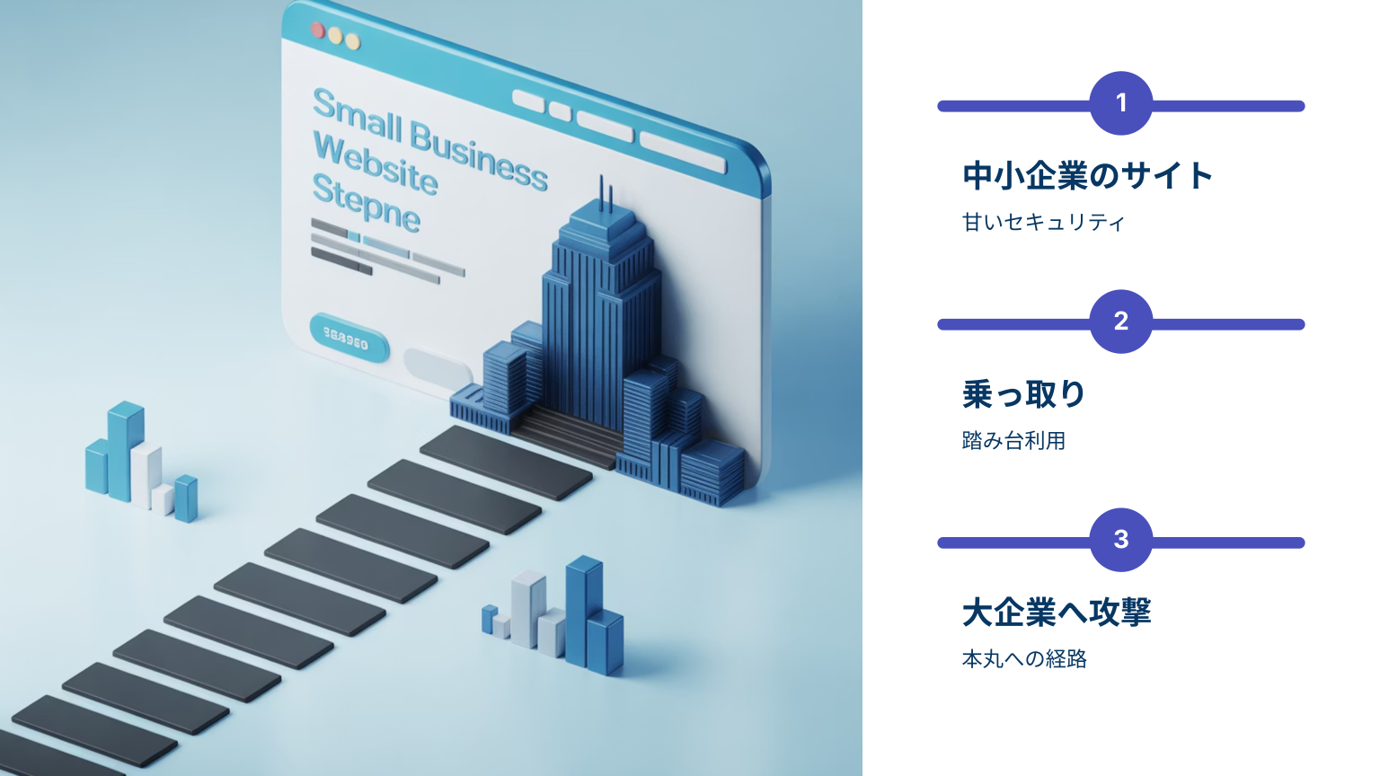中小企業のWebサイトが踏み台として大企業攻撃に使われる流れの図解