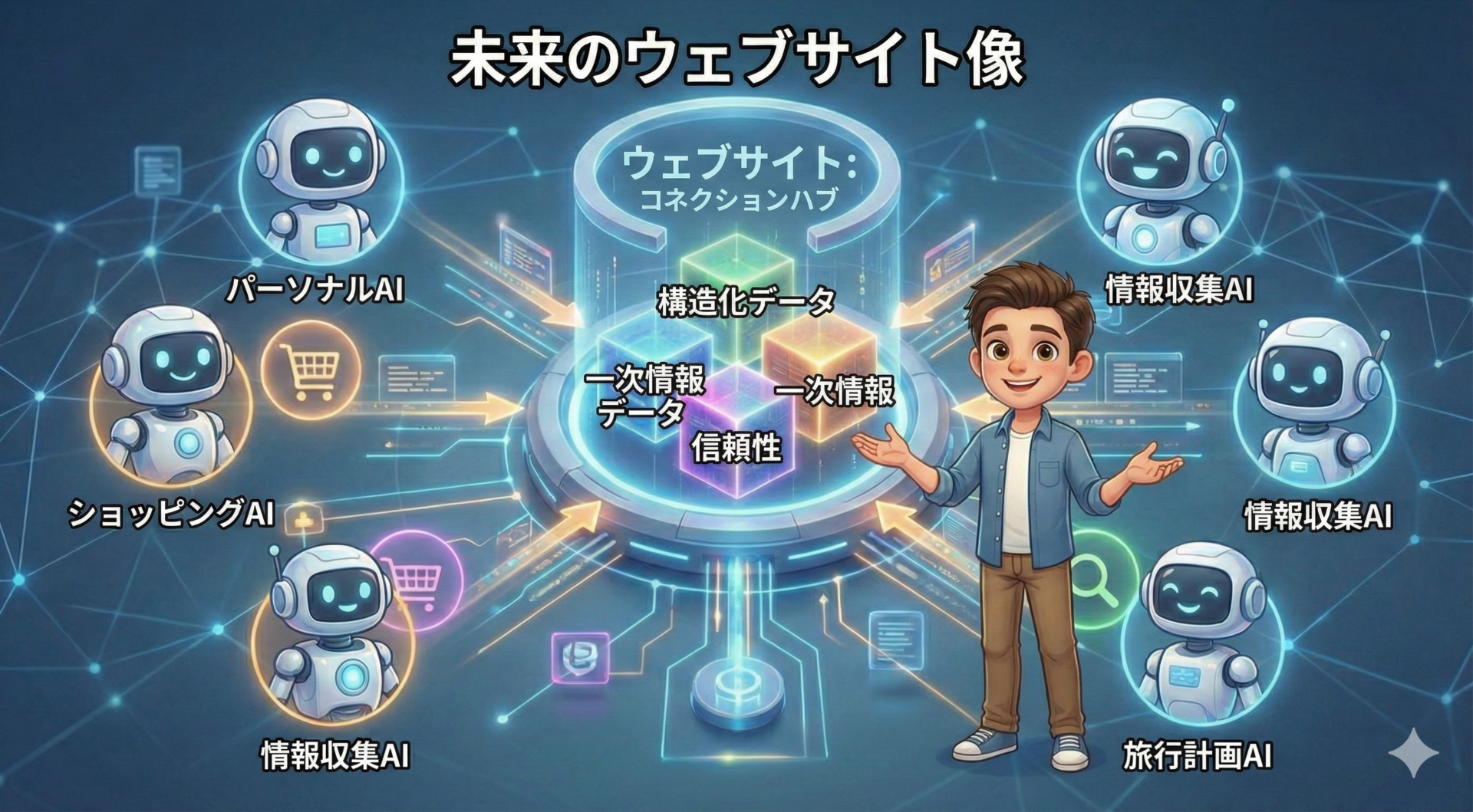 AIに情報を提供する未来型ウェブサイトのイメージ図