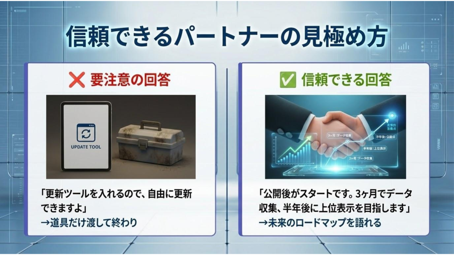 信頼できるパートナーを選ぶための判断基準と見極め方を対比した図解