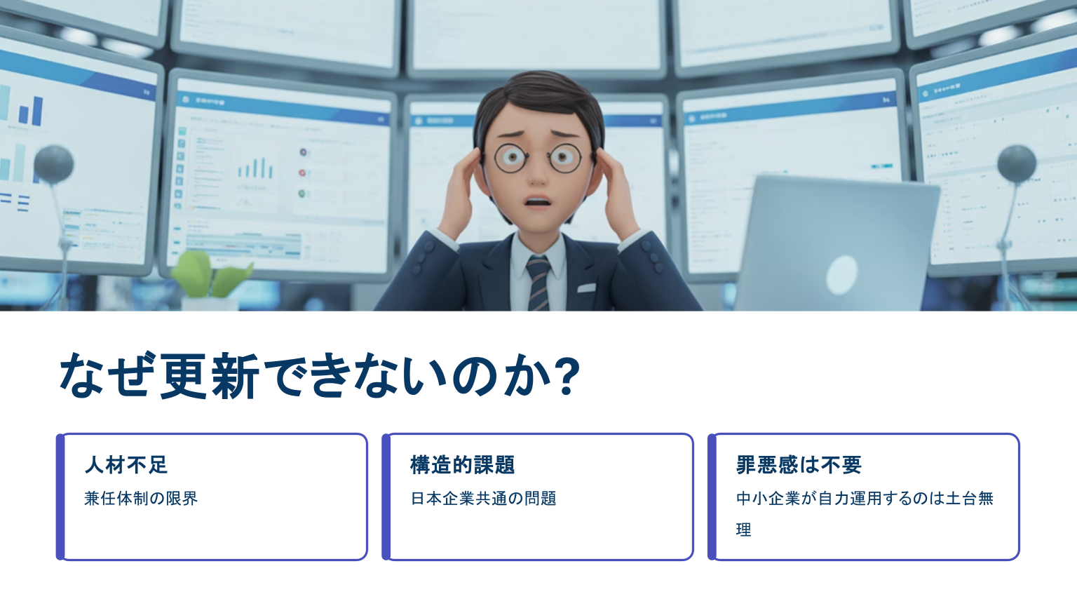 更新できない理由としての人材不足や構造的課題に悩む中小企業の現状を表す図