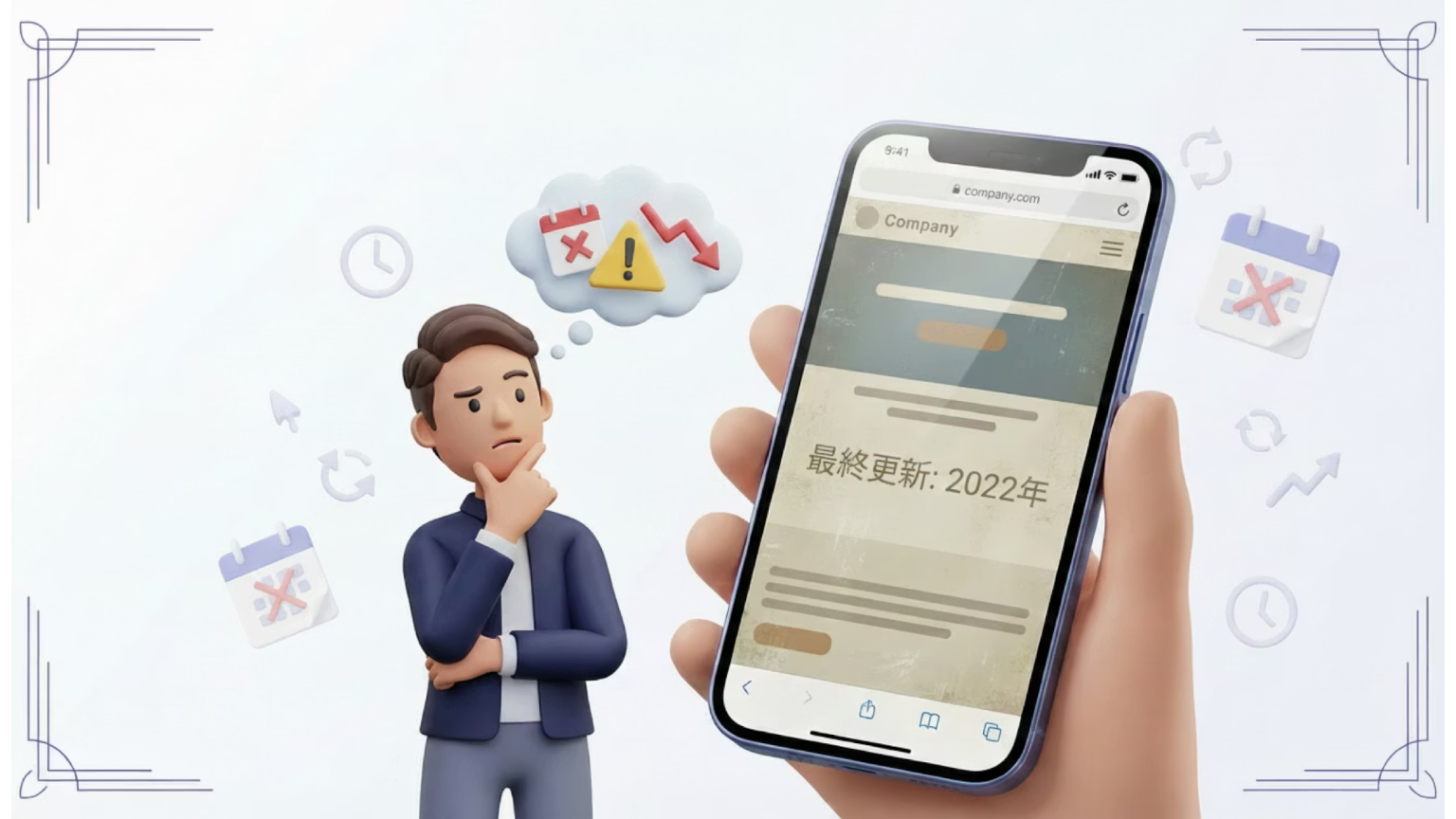 最終更新が古い企業サイトに不安を感じる求職者のイメージ