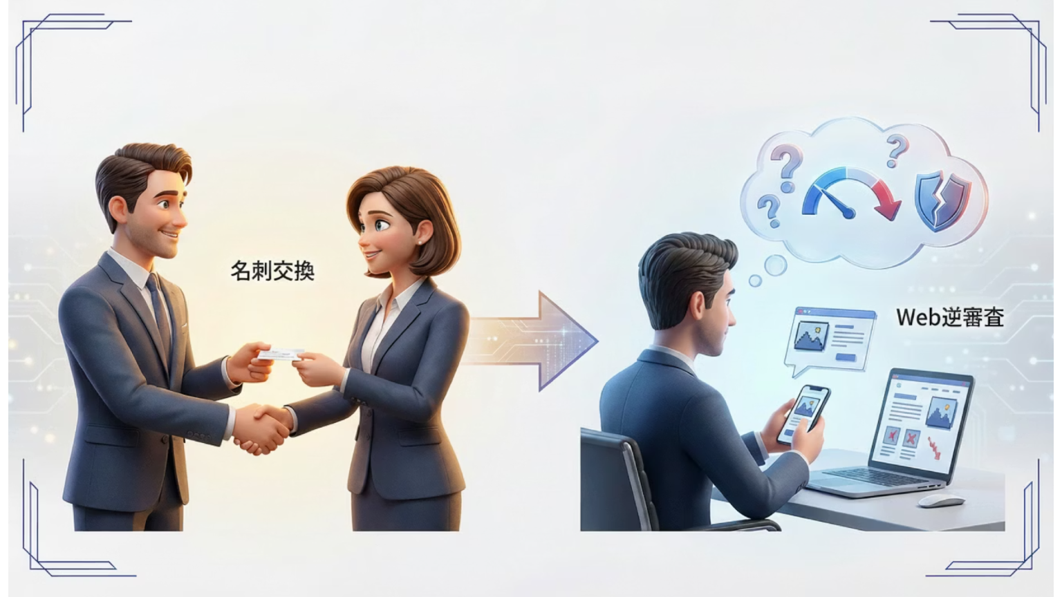 名刺交換後にWebサイトで企業の信頼性を確認する顧客の行動イメージ